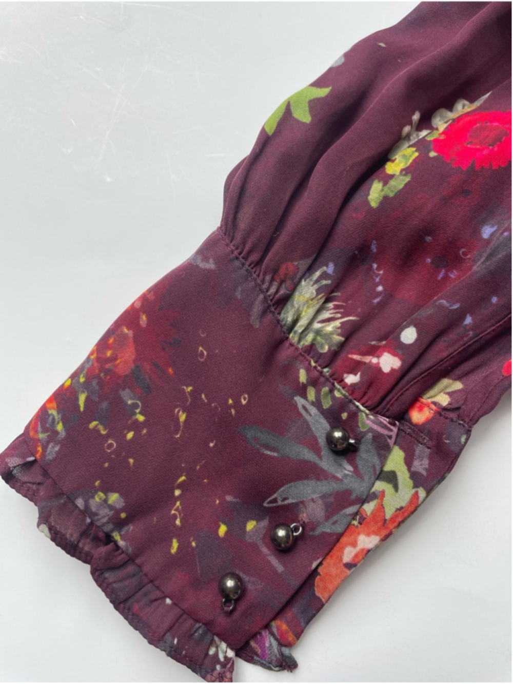 Parker silk blend Floral Burgundy Ruffle V-Neck Blouse top - Picture 7 of 10